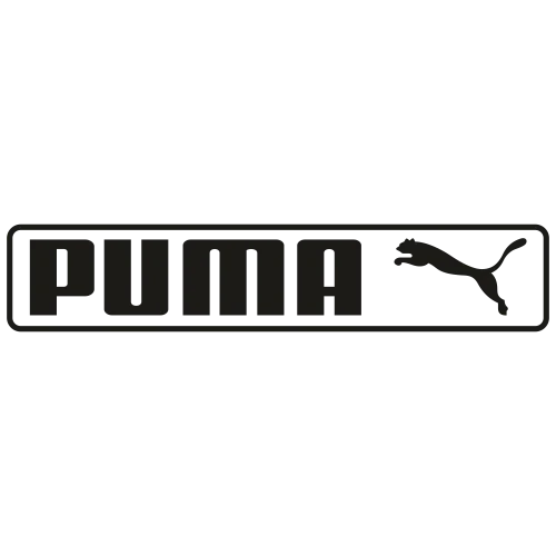 The image shows the PUMA logo with the word "PUMA" in bold, black letters inside a rectangular border and a leaping puma silhouette to the right of the text.